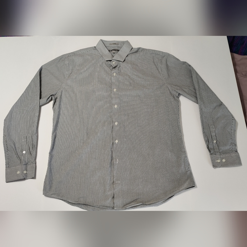 Express Men's XXL Grey Striped Long Sleeve Shirt